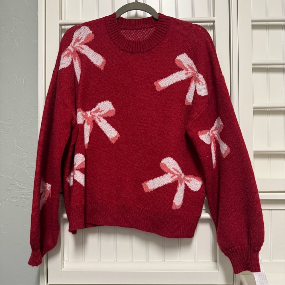 Chic Red Sweater with Pink Bow Accents - size S (oversized) NWOT - Picture 4 of 6
